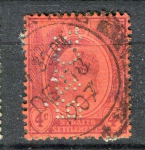 MALAYA STRAITS; Early 1900s Ed VII issue fine used 4c. value + PERFIN