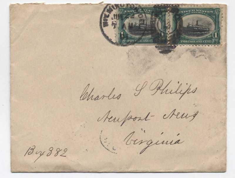 1901 1 cent Pan-Am pair on cover Wilmington DE to VA [S.3058]