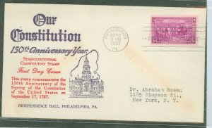 US 798 1937 3c 150th Anniversary of the signing of the US Constitution  on an addressed (typed) FDC with a Leonard Gilman cachet