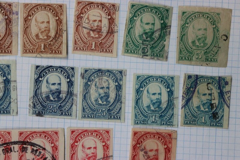 Mexico Revenue Timbre 1900-1901 set up to 5p peso color shade variety pair used