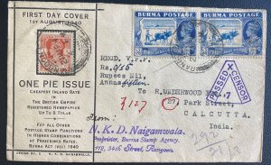 1937 Rangoon Burma First Day Censored Cover To Calcutta India One Piece Issue