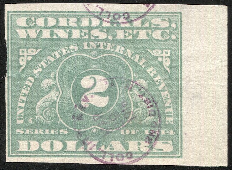 US 1914 Sc RE15 $2 Cordials, Wines, etc. Used Revenue stamp, Wmk'd