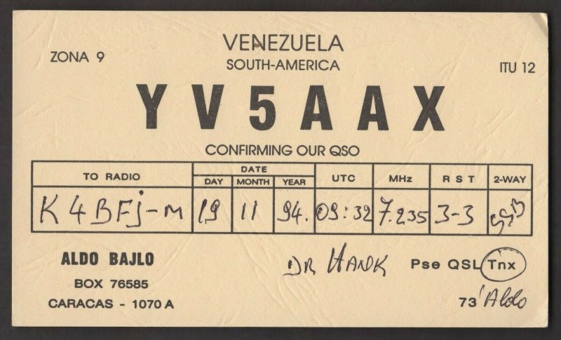 QSL CARD Aldo Bajlo,YV5AAX,94,Venezuela,South America(Q4507)