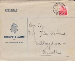 Switzerland 1944 Official Cover Corner card Municipad Di Astano to Winterhur.