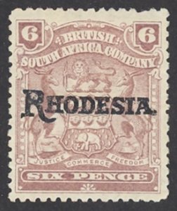 Rhodesia Sc# 89 MH 1909 6p overprints Coat of Arms