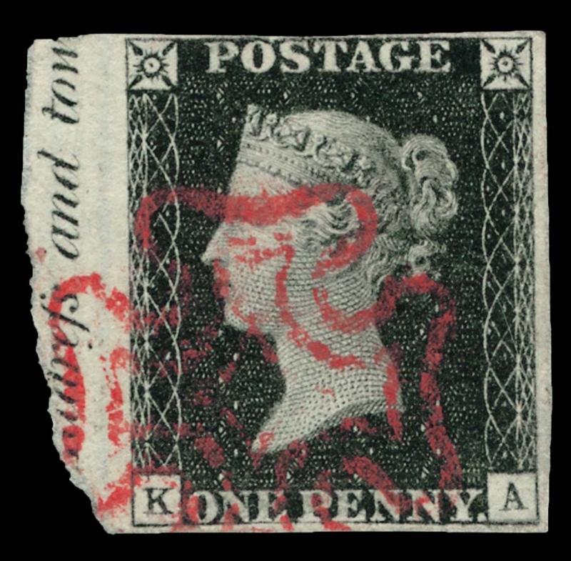 SG2, 1d black PLATE 2, FINE USED. Cat £400+ RED MX. MARGINAL INSCRIPTION. KA