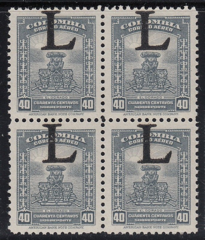 Colombia 1950 LANSA 40c Grey Large ‘L’ Overprint Error MNH Block. Scott C180 var