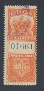 Canada Revenue stamp Electric Light Inspection FE1-25c (#07661) GV = $35.00