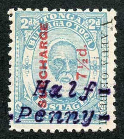 TONGA SG37Ap 1896 Half Penny on 7 1/2d on 2d pale blue perf 12 Superb Mint