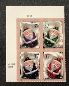 US Scott# 3891-3894 Santa ornaments plate block of 4 stamps MNH