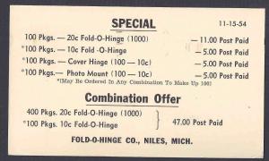 1954 FOLD-O-HINGE CO, SUPPLIES FOR STAMP COLLECTORS NILES MI