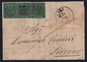 Italian States (Modena) 1853 5c Strip of 3 Folded Letter Carrara to Livorno Cert