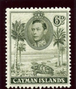 Cayman Island 1938 KGVI 6d olive-green (p11½x13) MLH. SG 122. Sc 107a.