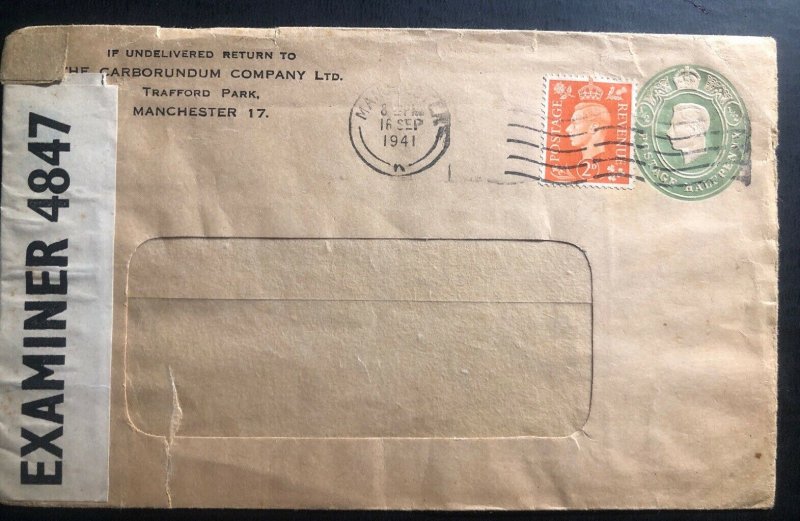 1941 Manchester England Carborundum Co Stationery Window Censored Cover