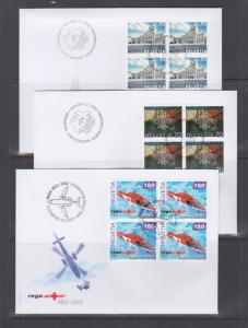 Switzerland Mi 1782/1807, 2002 issues, 5 complete sets in blocks of 4 on 9 FDCs