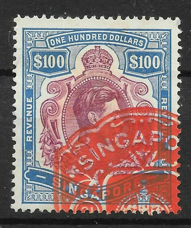 SINGAPORE Bft2 1948 $100 PURPLE & BLUE REVENUE STAMP USED