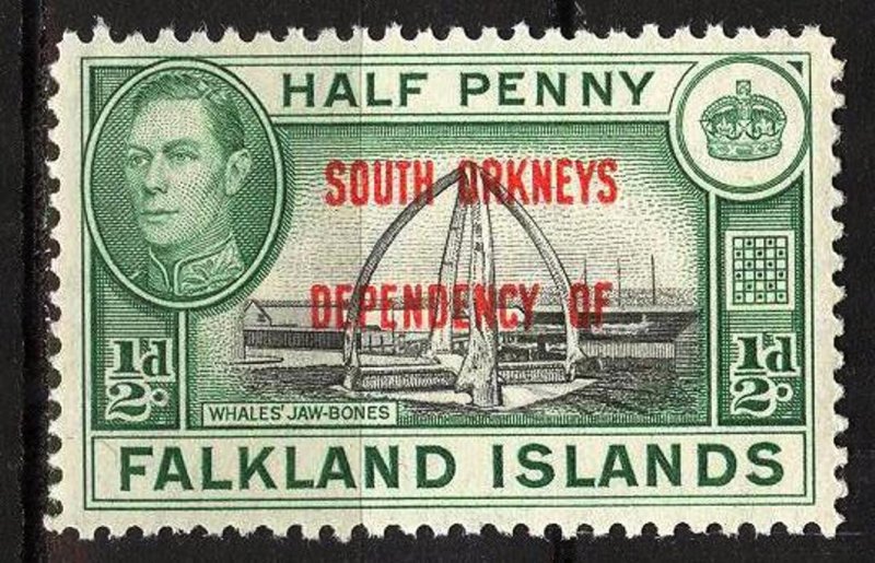 Falkland Islands 1944 Whales Jaw-Bones overpr. South Orkneys Dependency MNH