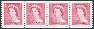 1953 Canada QEII Karsh #332 JUMP STRIP of 4 VF, Lightly Hinged-