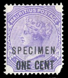 Mauritius #89S Cat$27.50, 1893 1c on 2c violet, overprinted Specimen, hinged,...