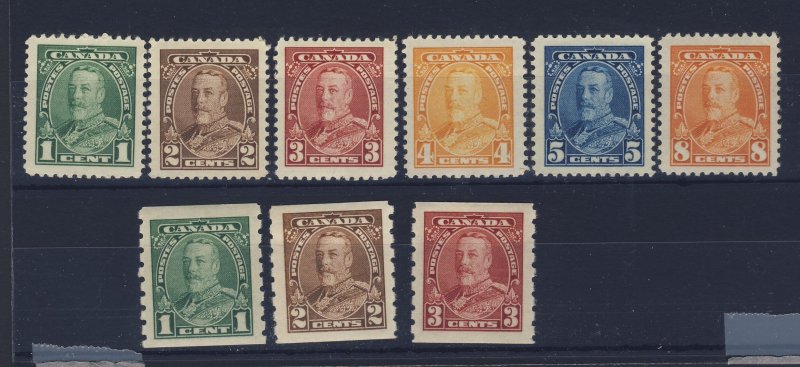 9x Canada George V Stamps;  #217 to #222 #228 to #230 Guide Value = $92.00