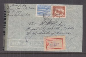 BOLIVIA, 1943 Reg. Airmail Censored cover to USA, 4b., 20b.