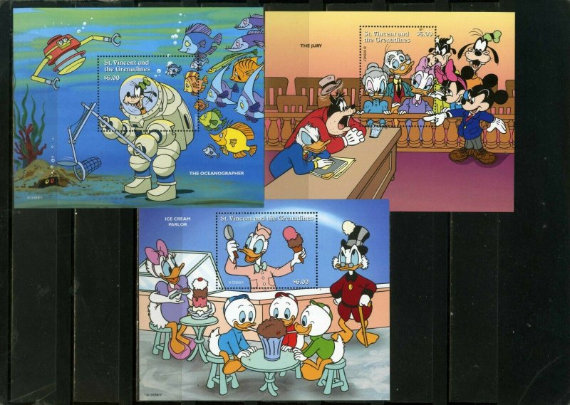 ST.VINCENT 1996 DISNEY CHARACTERS OCCUPATIONS SET OF 3 S/S MNH  