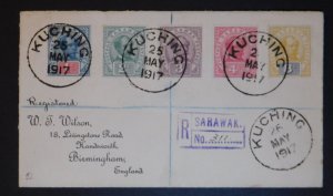 1917 Kuching Sarawak Registered Cover to W WIlson Birmingham England # 36-40