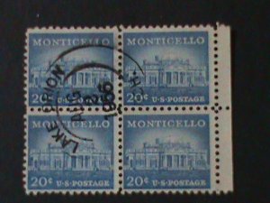 ​UNITED STATES-1954 SC#1037 MONTICELLO BLOCK VF-FANCY CANCEL-70 YEARS OLD