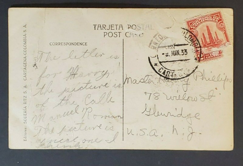 1933 Colombia Glen Ridge New Jersey Roman Street Cartagena RPPC Postcard Cover