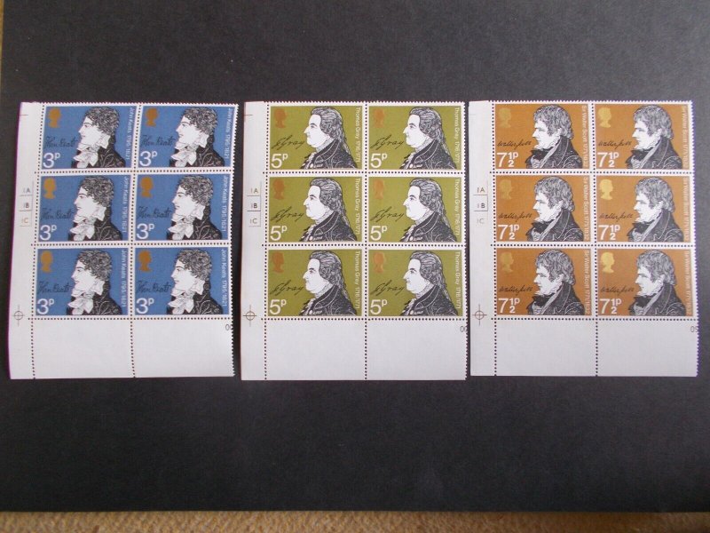 GB QEII 1971 Literary Anniversaries Set of 3 in Cylinder Blocks of 6 U/M Cat £6