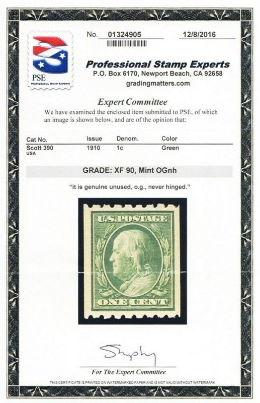 390, Mint XF OG NH Coil With PSE Graded 90 Certificate - Stuart Katz