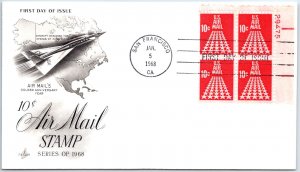 US FIRST DAY COVER 10c AIRMAIL PLATE BLOCK OF (4) ON ARTCRAFT CACHET 1968