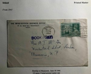 1946 Bombay India Inter Mission Book Post Cover To Mussoorie