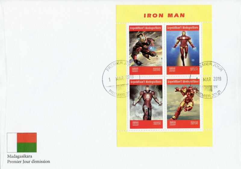 Madagascar 2019 FDC Iron Man 4v M/S Cover Marvel Comics Superheroes Stamps