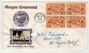 1948 CROSBY PHOTO FDC 964 OREGON CENTENNIAL BLOCK OF 4 Capitol Building Salem OR