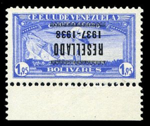 Venezuela #C73a Cat$60, 1937 1.95b light ultramarine, overprint inverted, wit...