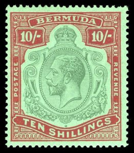 Bermuda 1924 KGV 10s green & red/deep emerald BROKEN CROWN & SCROLL vfm. SG 92gb