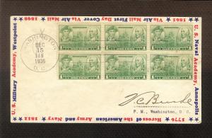 Inverted FIRST DAY COVER #785 Block of 6 DC Postmaster Signed Air Mail FDC 1936