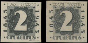 1943, BRAZIL CENT. OF POSTAGE STAMPS, 2C-TWO IMPERF PROOFS, ONE-W/O WMK SC. #C51