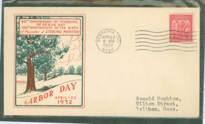 US 717 1932 2c Arbor Day/60th Anniversary (single) on an addressed (typed) FDC with an Ioor cachet