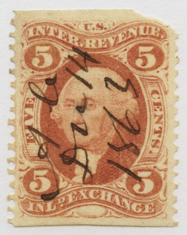 B22 U.S. Revenue Scott R27b 5-cent Inland Exchange part perf, 1863 cancel