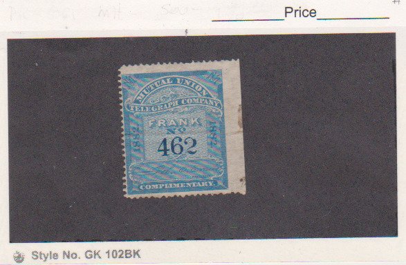 Scott # 9T1 1882 Blue Mutual Union Telegraph Co. Stamp Unused F-VF MNG Cat $50.