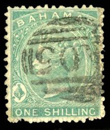 Bahamas #15 Cat$375, 1865 1sh green, used, small faults