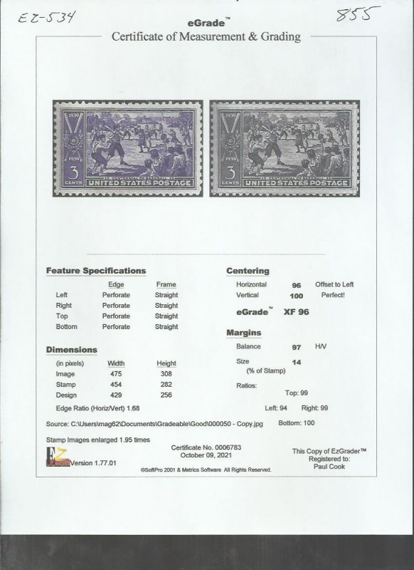 # 855 MINT NEVER HINGED ( MNH ) BASEBALL CENTENNIAL XF+