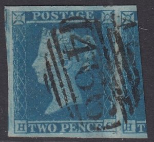 SG 14 1841 2d blue plate 4 lettered HG. Very fine used with a ‘466’ numeral...