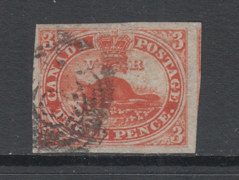 Canada Sc 4d used 1852 3c orange red Beaver on Thin Wove Paper, VF+