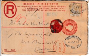 SCHALLSTAMPS - GIBRALTAR 1897 POSTAL HISTORY REGISTERED SEALED COVER ADDR CANADA