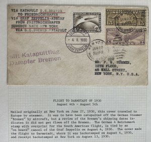 1934 New York Usa Catapult-Zeppelin Airmail Cover SS Bremen to Darmstadt Sc#C39