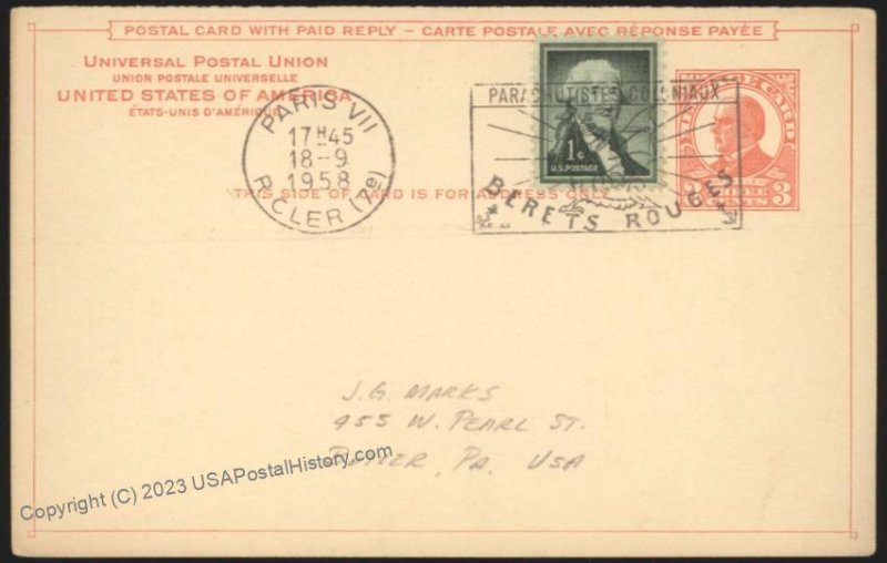 USA 1926 Issue 3c McKinley Reply Card Returned Paris Upfranked Foreign  U 111739