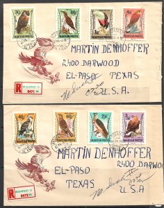 HUNGARY 1962 BIRDS Airmail Set of 8 on 2 Registered Covers to Texas Sc C228-C235